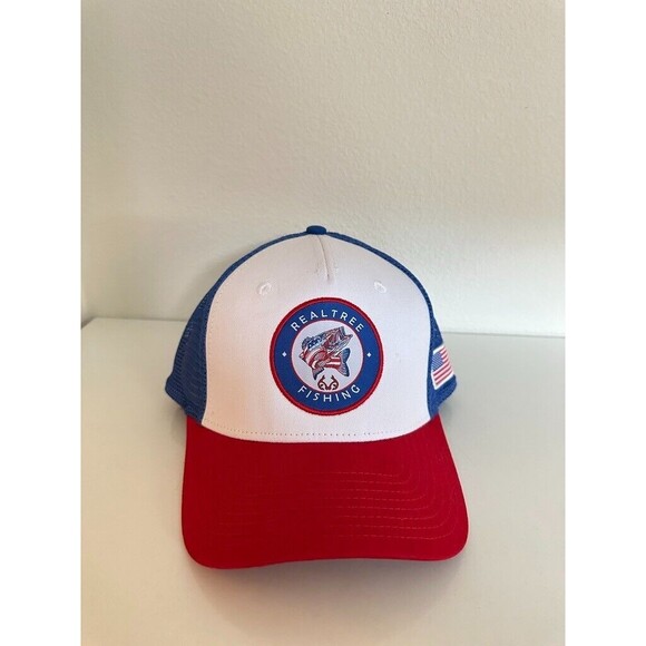 RealTree Fishing Trucker Snapback Hat Snap Closure Cotton Red White Blue NEW - Picture 2 of 8